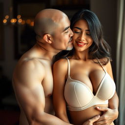 A 39-year-old Indonesian man with pure white skin is tenderly hugging a gorgeous 28-year-old woman with a sturdy and sexy body from behind, affectionately kissing her cheek
