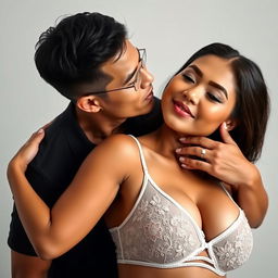 A 39-year-old Indonesian man with pure white skin is tenderly hugging a gorgeous 28-year-old woman with a sturdy and sexy body from behind, affectionately kissing her cheek