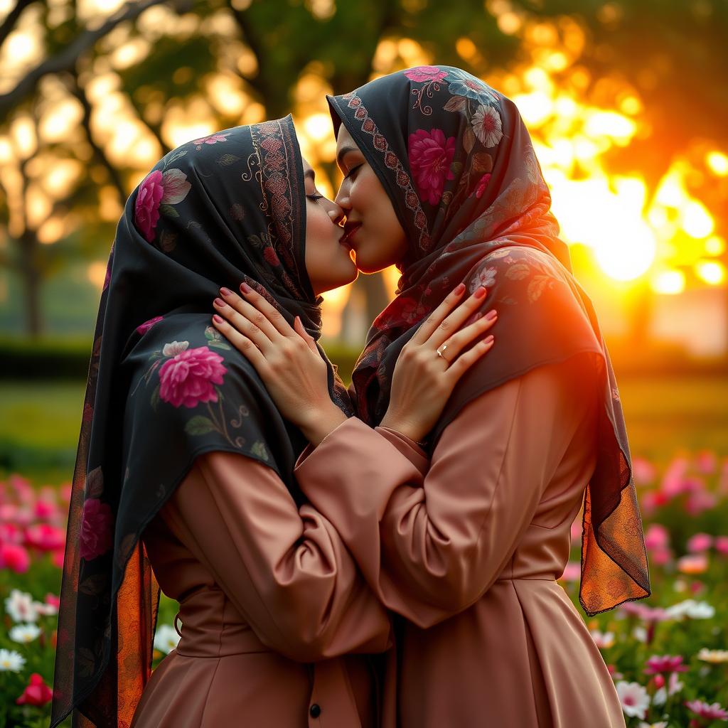 A tender moment between two hijabi women sharing a passionate kiss, set against a warm sunset background