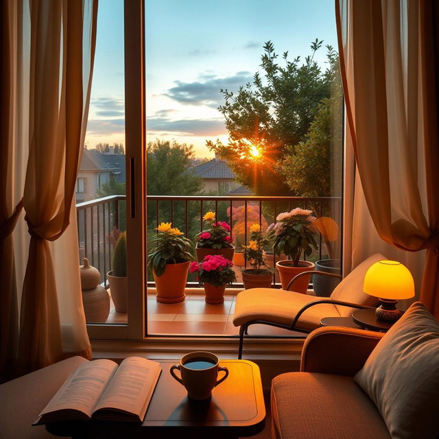 A cozy interior scene featuring a warm lighted balcony visible through a large window