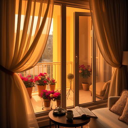 A cozy interior scene featuring a warm lighted balcony visible through a large window