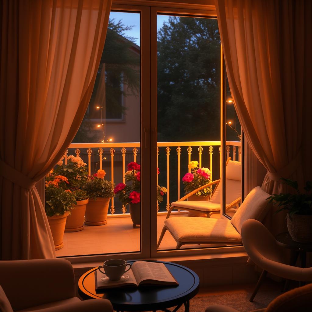 A cozy interior scene featuring a warm lighted balcony visible through a large window