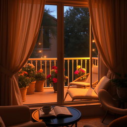 A cozy interior scene featuring a warm lighted balcony visible through a large window