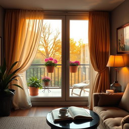 A cozy interior scene featuring a warm lighted balcony visible through a large window