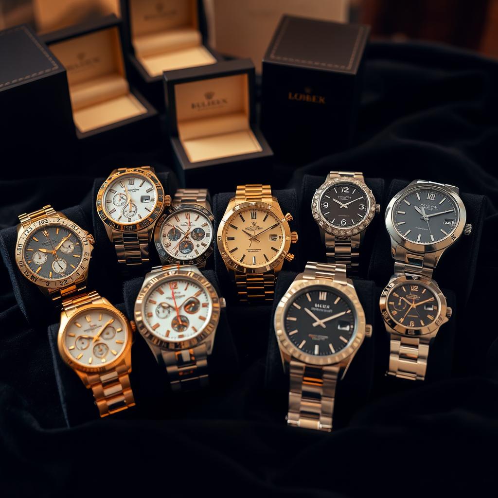 A collection of elegant watches displayed on a dark velvet cloth, each watch showcasing unique features such as gold and silver bands, intricate dials, and sparkling gemstones