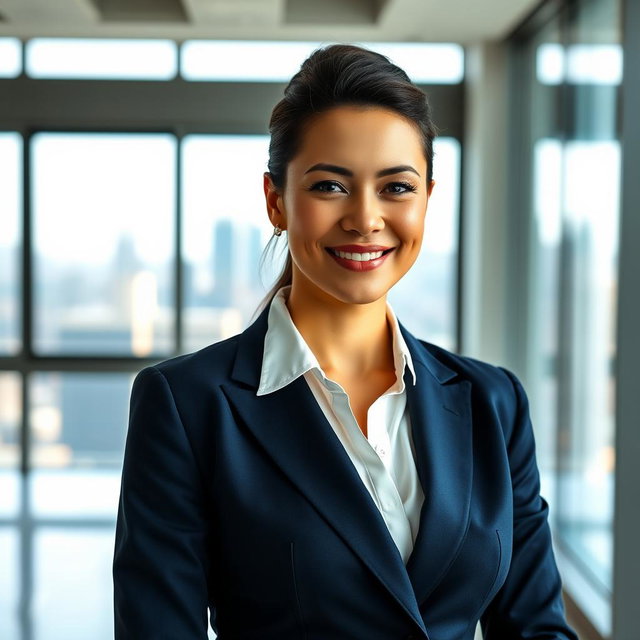 A formal portrait of a confident businesswoman wearing a tailored navy blue suit, white blouse, and a stylish blouse, with her hair neatly styled