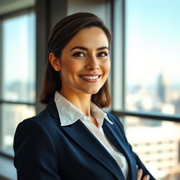 A formal portrait of a confident businesswoman wearing a tailored navy blue suit, white blouse, and a stylish blouse, with her hair neatly styled