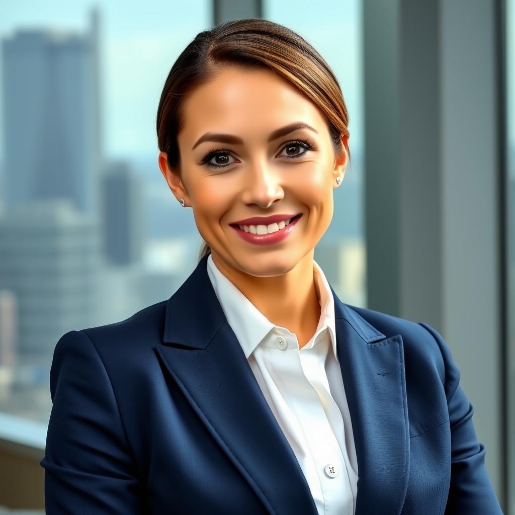 A formal portrait of a confident businesswoman wearing a tailored navy blue suit, white blouse, and a stylish blouse, with her hair neatly styled