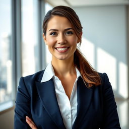 A formal portrait of a confident businesswoman wearing a tailored navy blue suit, white blouse, and a stylish blouse, with her hair neatly styled