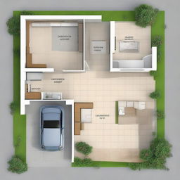 A well-planned 2 Bedroom & 2 Bathroom plot map design with a dedicated car parking area on a 30x30 feet plot. The design should showcase thoughtful space management and appealing layout.