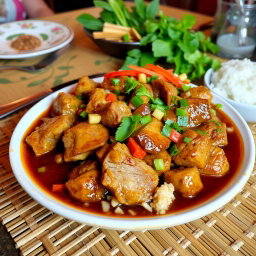 A vibrant plate of Filipino adobo featuring tender pieces of pork, marinated in a rich sauce made of soy sauce, vinegar, garlic, and spices