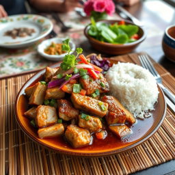 A vibrant plate of Filipino adobo featuring tender pieces of pork, marinated in a rich sauce made of soy sauce, vinegar, garlic, and spices