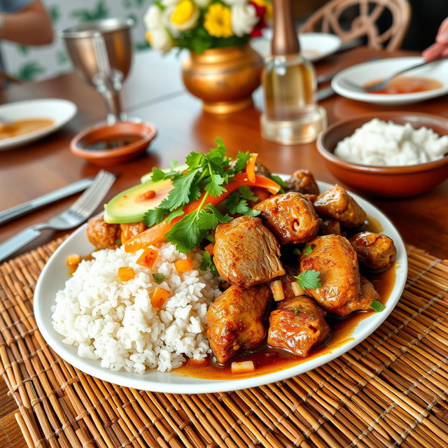 A vibrant plate of Filipino adobo featuring tender pieces of pork, marinated in a rich sauce made of soy sauce, vinegar, garlic, and spices