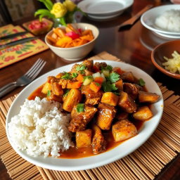 A vibrant plate of Filipino adobo featuring tender pieces of pork, marinated in a rich sauce made of soy sauce, vinegar, garlic, and spices