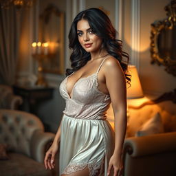 A beautiful brunette curvy woman dressed in luxurious nightwear, exuding elegance and sophistication