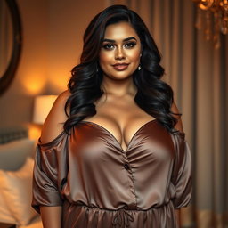 A brunette, curvy, and slightly chubby woman, embodying a glamorous and sophisticated look