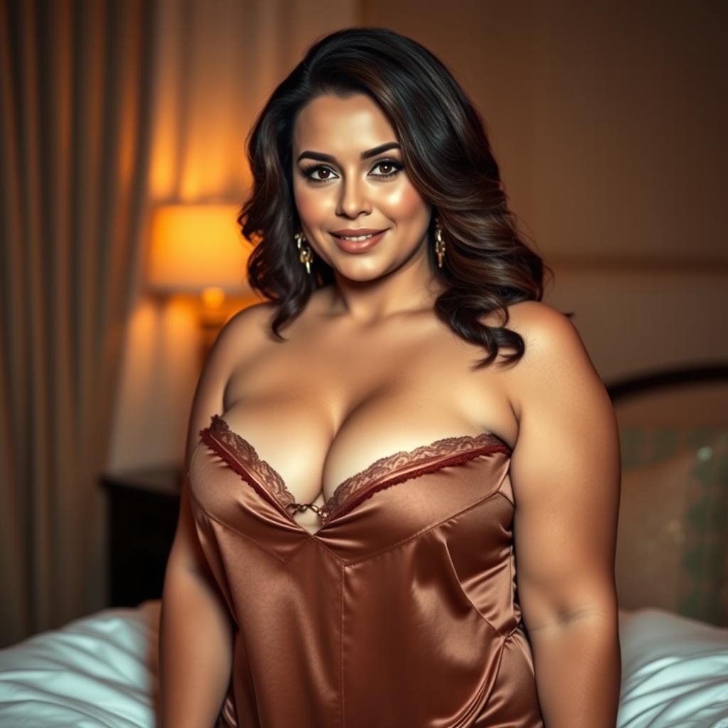 A brunette, curvy, and slightly chubby woman, embodying a glamorous and sophisticated look
