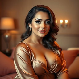 A brunette, curvy, and slightly chubby woman, embodying a glamorous and sophisticated look