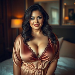 A brunette, curvy, and slightly chubby woman, embodying a glamorous and sophisticated look