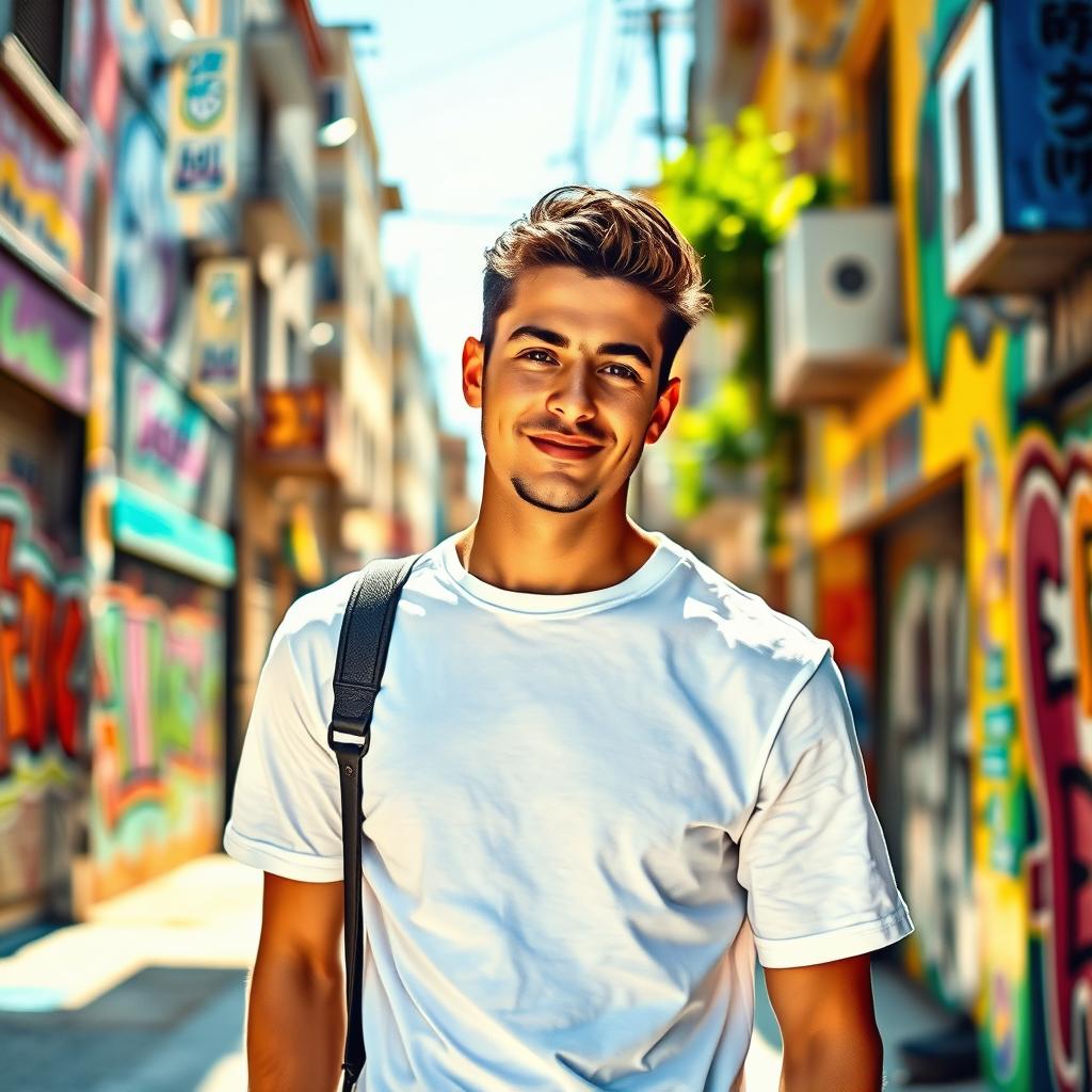 A stylish and attractive young adult wearing a crisp white t-shirt, standing confidently against a vibrant urban backdrop