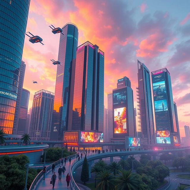 A stunning CGI scene of a futuristic city at dusk, with towering skyscrapers made of glass and steel reflecting the vibrant colors of the sunset, flying cars zooming through the air, and lush green parks integrated into the urban landscape