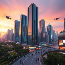 A stunning CGI scene of a futuristic city at dusk, with towering skyscrapers made of glass and steel reflecting the vibrant colors of the sunset, flying cars zooming through the air, and lush green parks integrated into the urban landscape