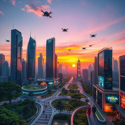 A stunning CGI scene of a futuristic city at dusk, with towering skyscrapers made of glass and steel reflecting the vibrant colors of the sunset, flying cars zooming through the air, and lush green parks integrated into the urban landscape