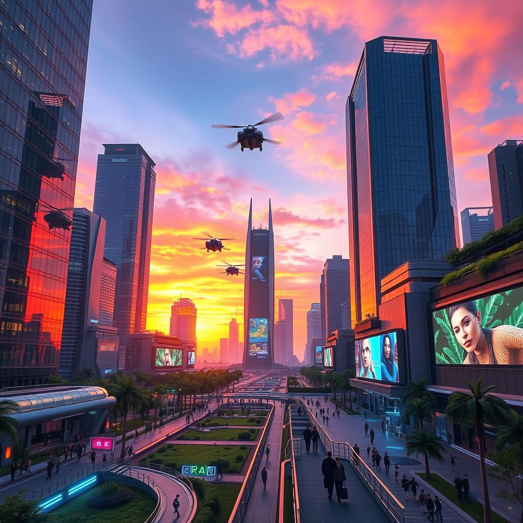 A stunning CGI scene of a futuristic city at dusk, with towering skyscrapers made of glass and steel reflecting the vibrant colors of the sunset, flying cars zooming through the air, and lush green parks integrated into the urban landscape