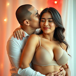 A 39-year-old Indonesian man with pure white skin is lovingly hugging a stunning 28-year-old woman with a sturdy and sexy body from behind, affectionately kissing her cheek
