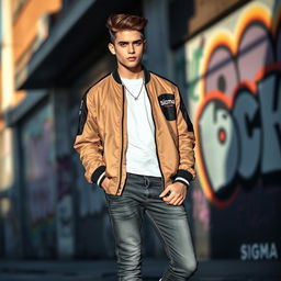 A trendy young man with a confident expression, embodying the spirit of a 'sigma male'
