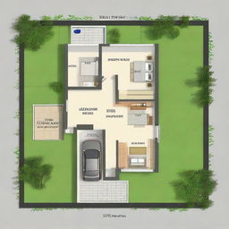 A well-planned 2 Bedroom & 2 Bathroom plot map design with a dedicated car parking area on a 30x30 feet plot. The design should showcase thoughtful space management and appealing layout.