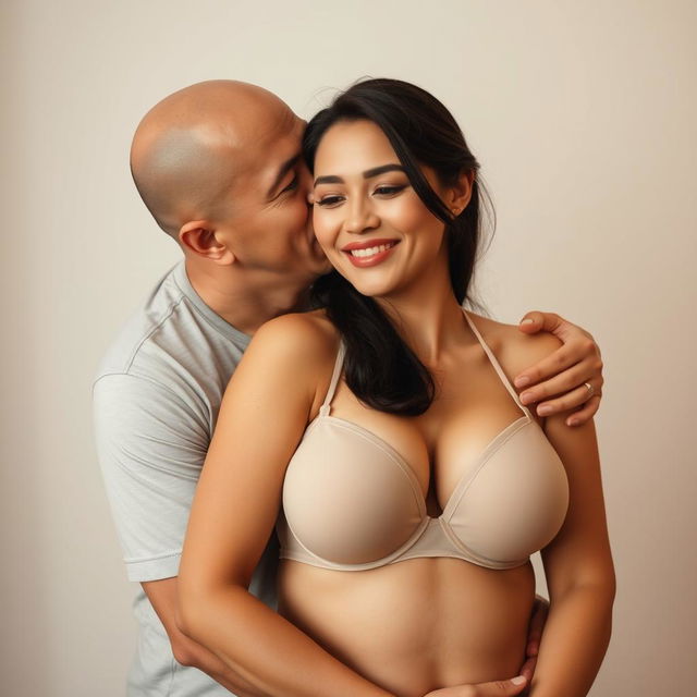 A 39-year-old Indonesian man with pure white skin is warmly hugging a beautiful 28-year-old woman with a sturdy and sexy body from behind, kissing her cheek affectionately