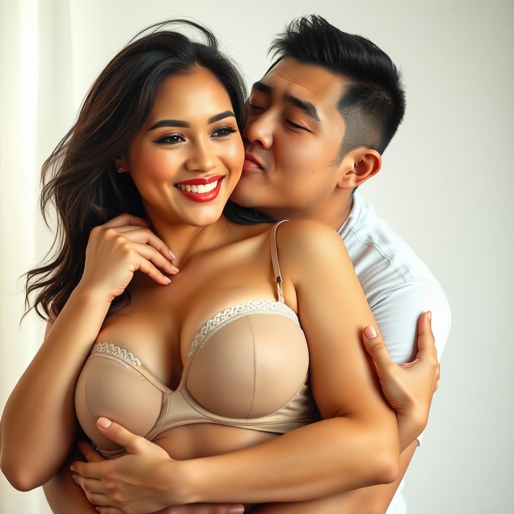 A 39-year-old Indonesian man with pure white skin is warmly hugging a beautiful 28-year-old woman with a sturdy and sexy body from behind, kissing her cheek affectionately