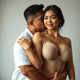 A 39-year-old Indonesian man with pure white skin is warmly hugging a beautiful 28-year-old woman with a sturdy and sexy body from behind, kissing her cheek affectionately