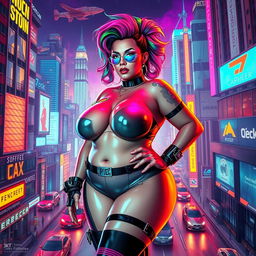A voluptuous woman in a vibrant cyberpunk universe, adorned with futuristic clothing that highlights her thick body, featuring neon lights reflecting off her skin