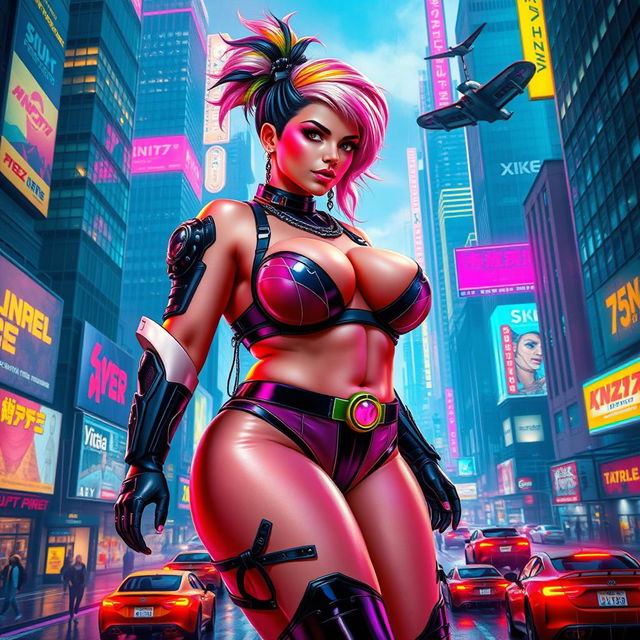 A voluptuous woman in a vibrant cyberpunk universe, adorned with futuristic clothing that highlights her thick body, featuring neon lights reflecting off her skin