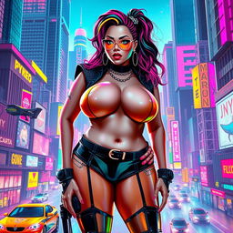 A voluptuous woman in a vibrant cyberpunk universe, adorned with futuristic clothing that highlights her thick body, featuring neon lights reflecting off her skin
