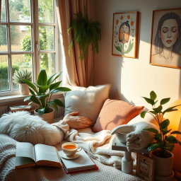 A serene and calming scene depicting self-care activities that shield against social harm