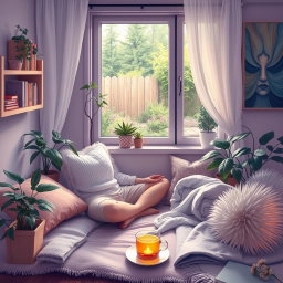 A serene and calming scene depicting self-care activities that shield against social harm