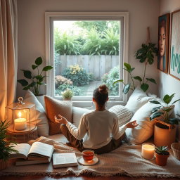 A serene and calming scene depicting self-care activities that shield against social harm