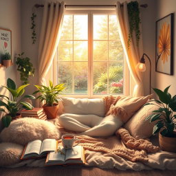 A serene and calming scene depicting self-care activities that shield against social harm