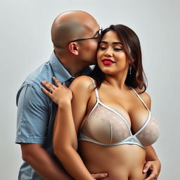 A 39-year-old Indonesian man with pure white skin is affectionately hugging a beautiful 28-year-old woman with a sturdy and sexy body from behind while gently kissing her cheek