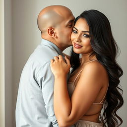 A 39-year-old Indonesian man with pure white skin is affectionately hugging a beautiful 28-year-old woman with a sturdy and sexy body from behind while gently kissing her cheek
