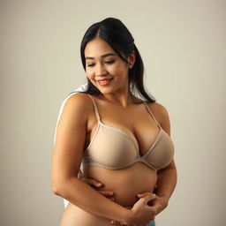 A 39-year-old Indonesian man with pure white skin gently hugs a beautiful 28-year-old woman with a sturdy and sexy body from behind, kissing her cheek with deep affection