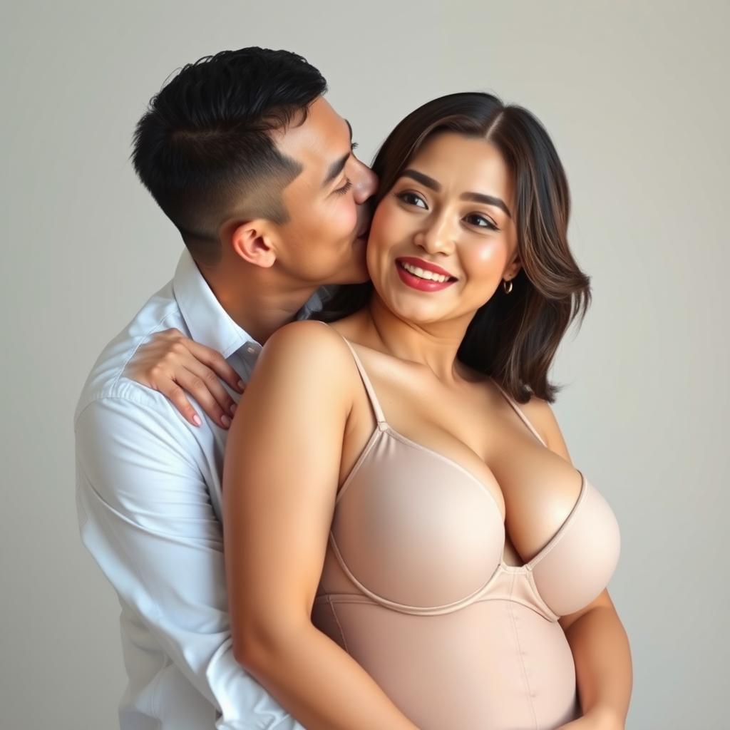 A 39-year-old Indonesian man with pure white skin gently hugs a beautiful 28-year-old woman with a sturdy and sexy body from behind, kissing her cheek with deep affection