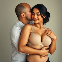 A 39-year-old Indonesian man with pure white skin gently hugs a beautiful 28-year-old woman with a sturdy and sexy body from behind, kissing her cheek with deep affection