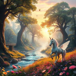 A stunning fantasy landscape featuring a magical forest bathed in ethereal light, with vibrant flowers and towering ancient trees