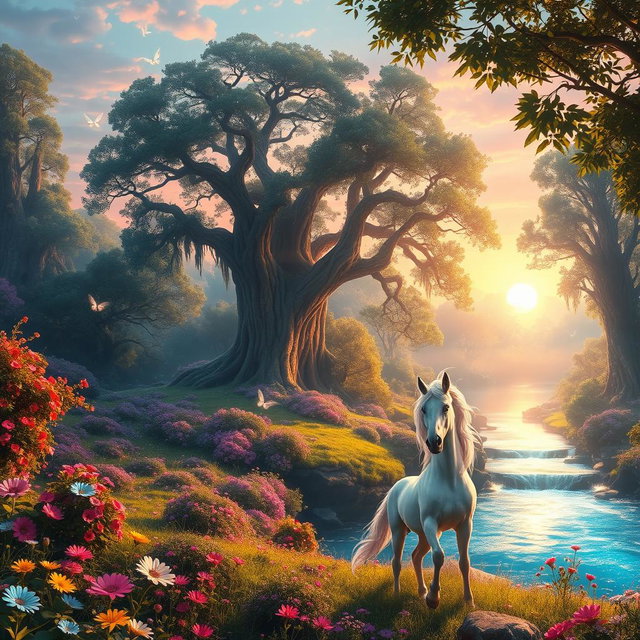 A stunning fantasy landscape featuring a magical forest bathed in ethereal light, with vibrant flowers and towering ancient trees