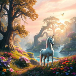 A stunning fantasy landscape featuring a magical forest bathed in ethereal light, with vibrant flowers and towering ancient trees