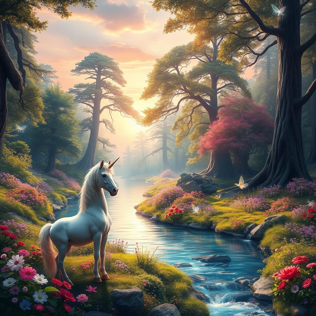 A stunning fantasy landscape featuring a magical forest bathed in ethereal light, with vibrant flowers and towering ancient trees